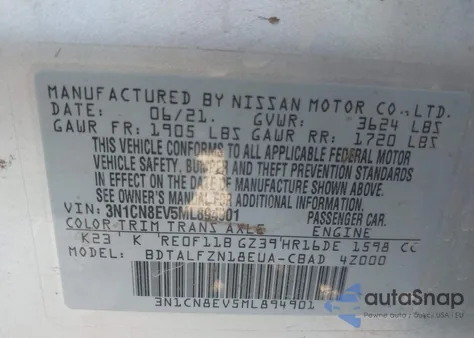 2021 Nissan Versa Sv Xtronic Cvt z USA, uszkodzony, nr VIN 3N1CN8EV5ML894901